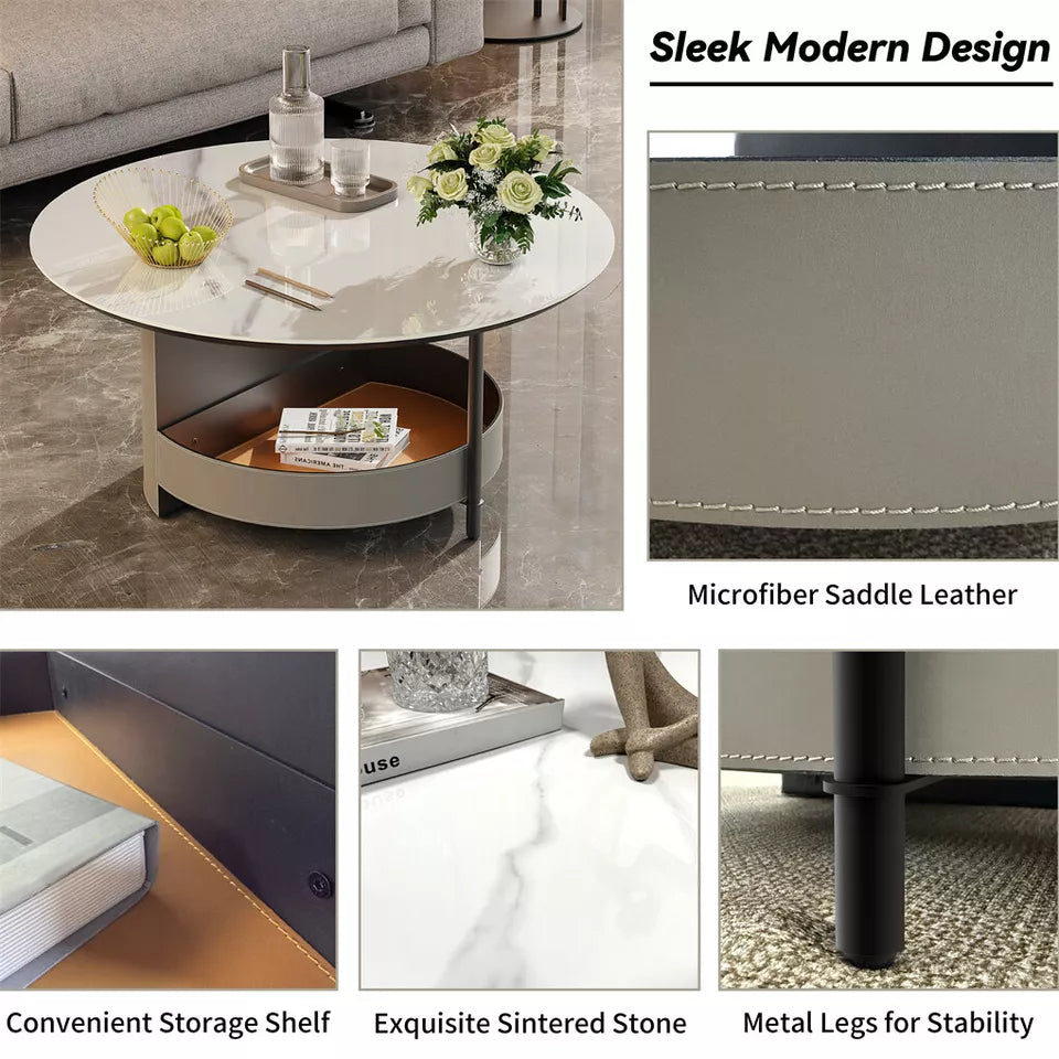 White & Grey Round Sintered Stone Coffee Table with Leather Storage Shelf