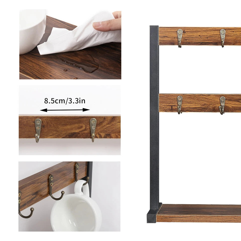 Heavy Duty Wall Mount Coffee Teacup Mug Rack Wood 12 Hook Holder Display Storage