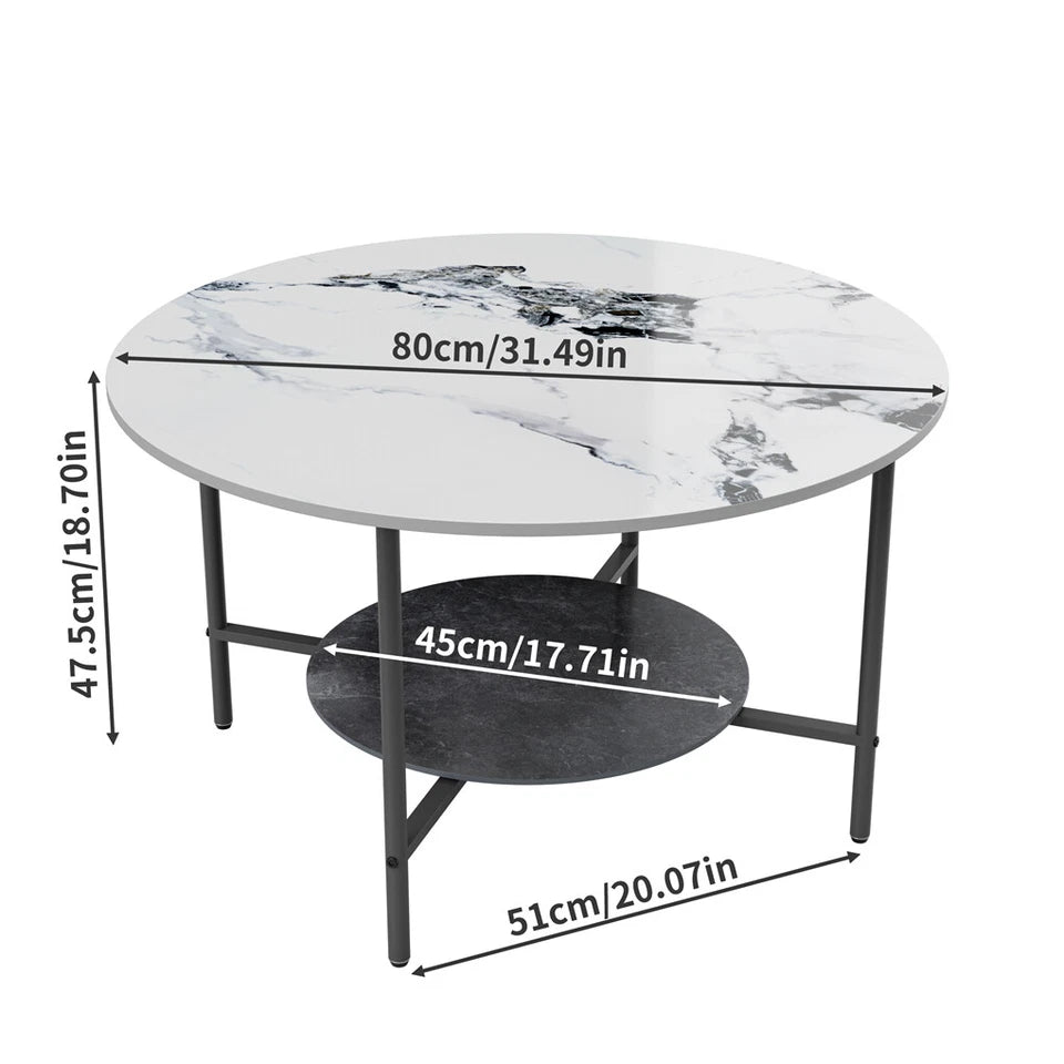 White & Black Round Coffee Table with 2?Tier Sintered Stone & Storage