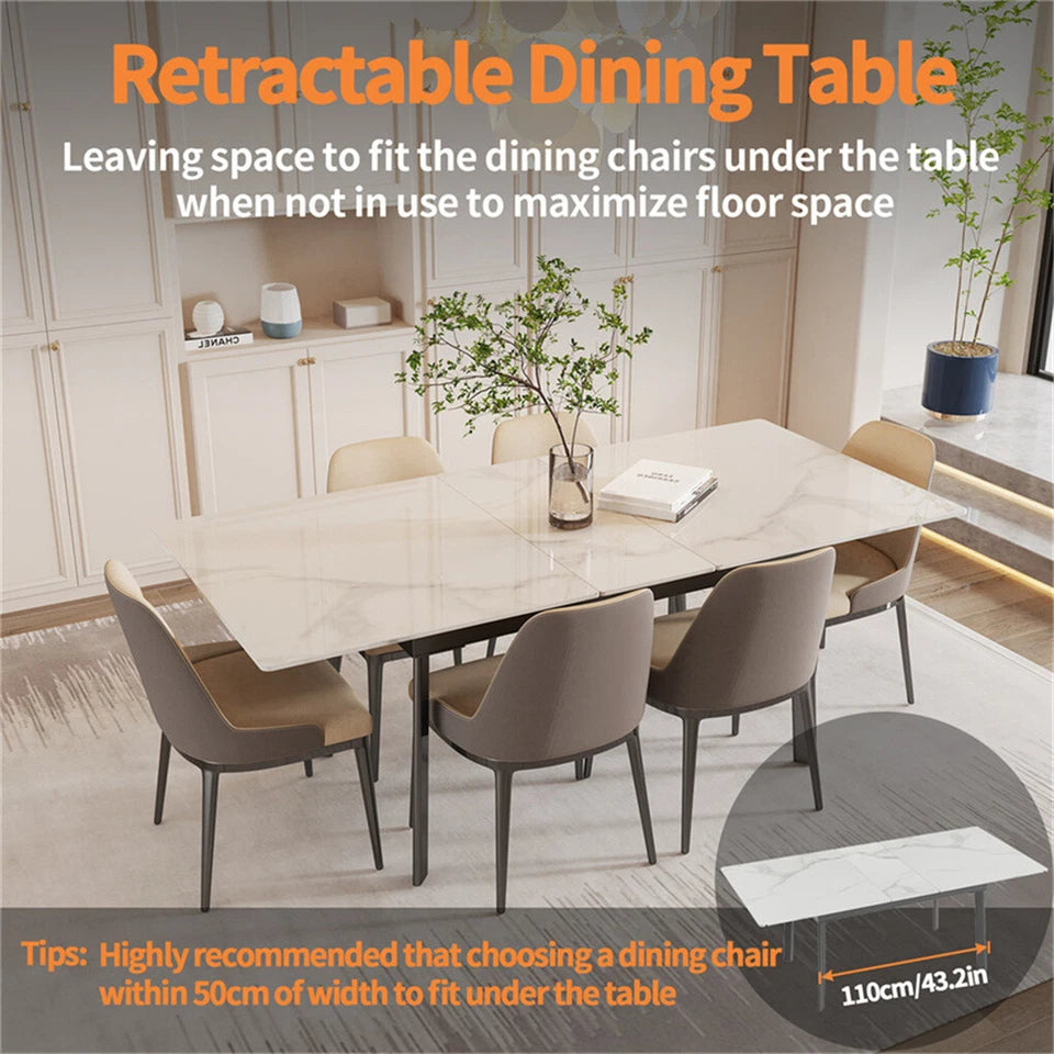 Glossy White Extendable Sintered Stone Dining Table With Sleek Metal Frame