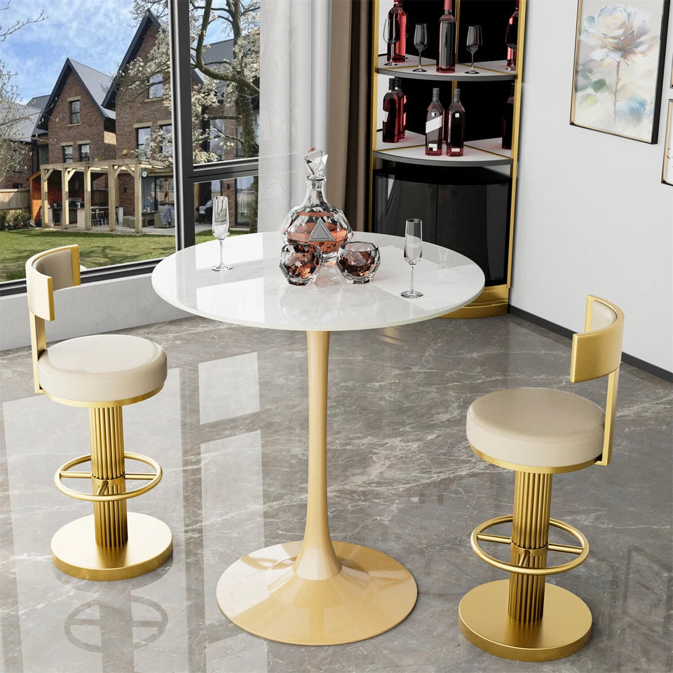 White Round Sintered Stone Bar Table With Gold Pedestal Base For Modern Interiors