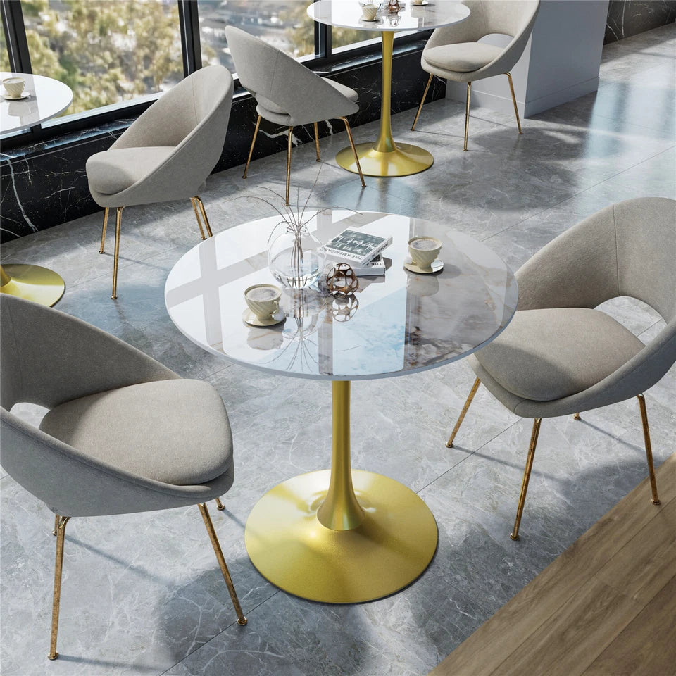 White Emerald Round Dining Table With Gold Base For Modern Small Space Living