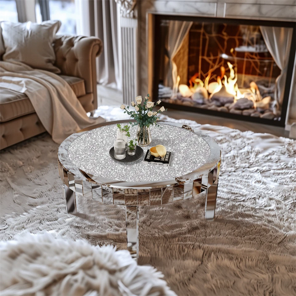 Silver Round Mirrored Coffee Table with Crushed Diamond Inlay Design
