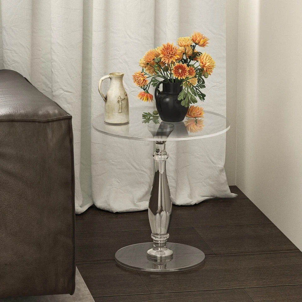 Transparent Acrylic Side Table With Roman Base For Modern Interiors