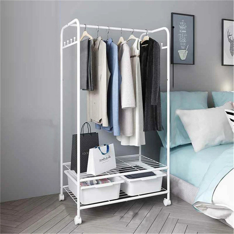2 Tier Rolling Metal Garment Stand With 2 Side Hooks