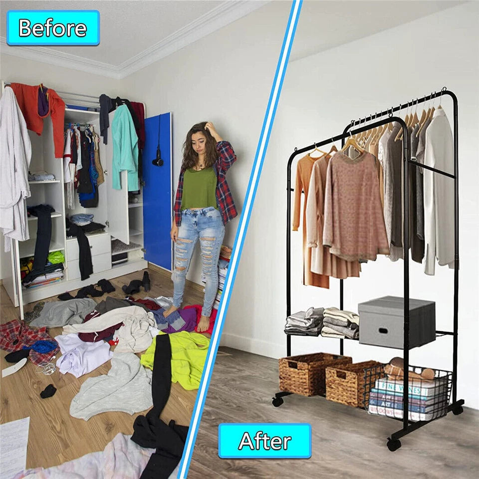 Black Heavy Duty Garment Display Rack with Hanging Rail and Shoe Shelf