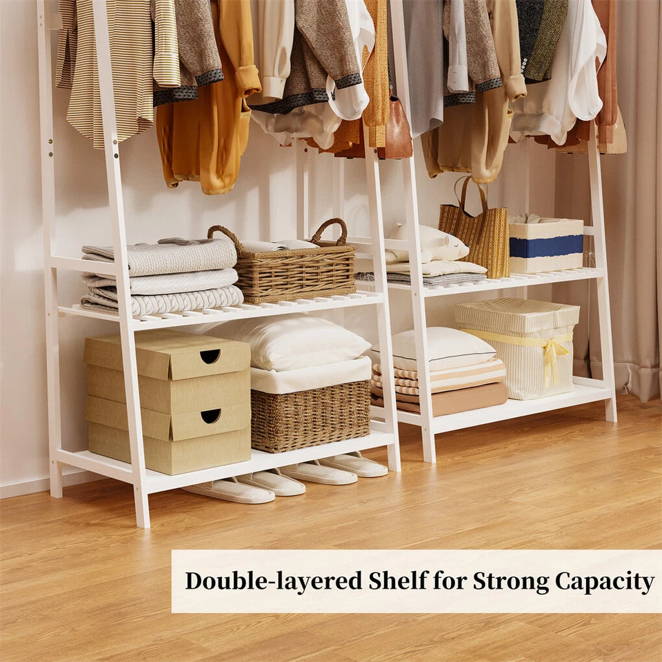 P&P White Bamboo Clothes Rack with 3 Shelves and 10 Hooks