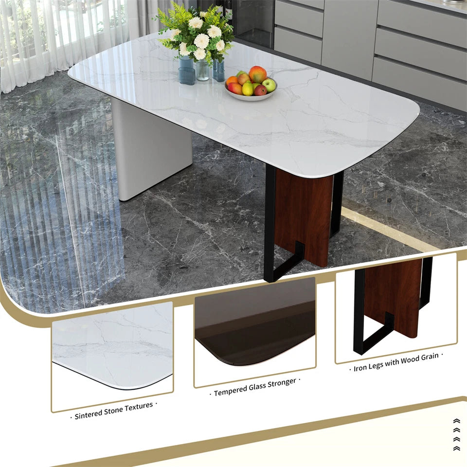 White Sintered Stone Dining Table With Tempered Glass Base Design