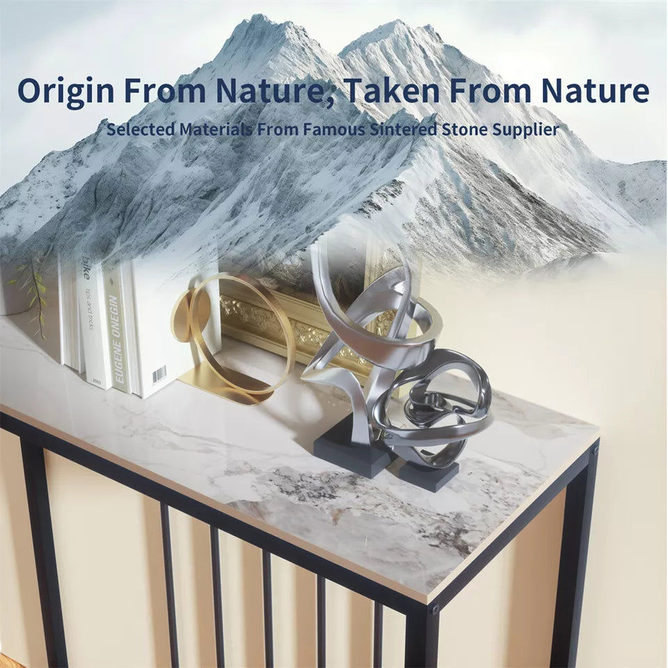 White Emerald Sintered Stone Console Table With Minimalist Metal Frame