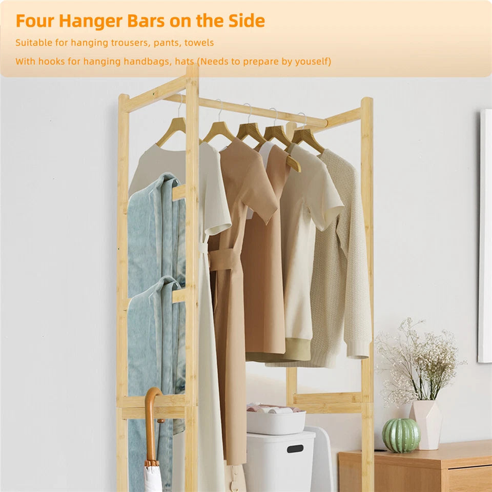 Natural Wood Modern Bamboo Clothes Rack with Storage Cabinet & Hooks