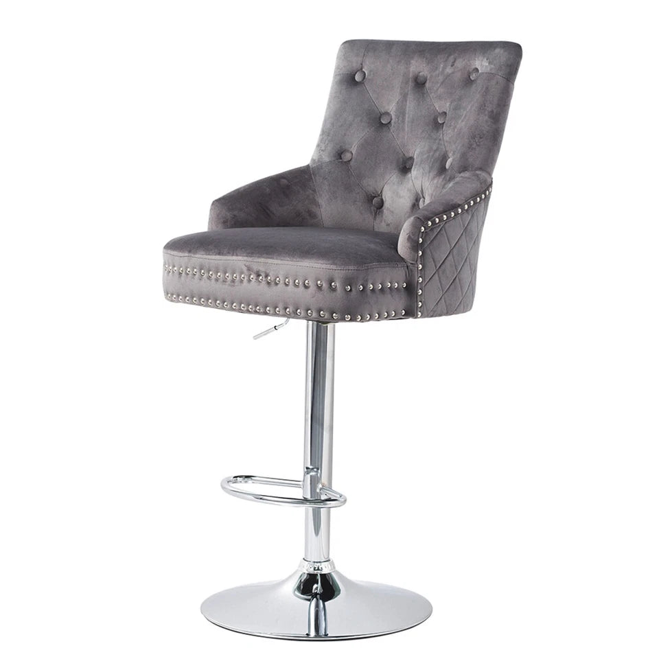 Gray Velvet Swivel Bar Stool With Lion Head Accent And Adjustable Chrome Base