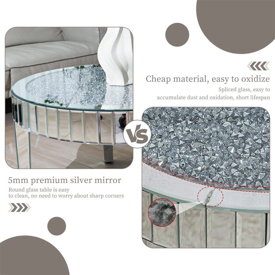 Silver Round Mirrored Coffee Table with Crushed Diamond Inlay Design