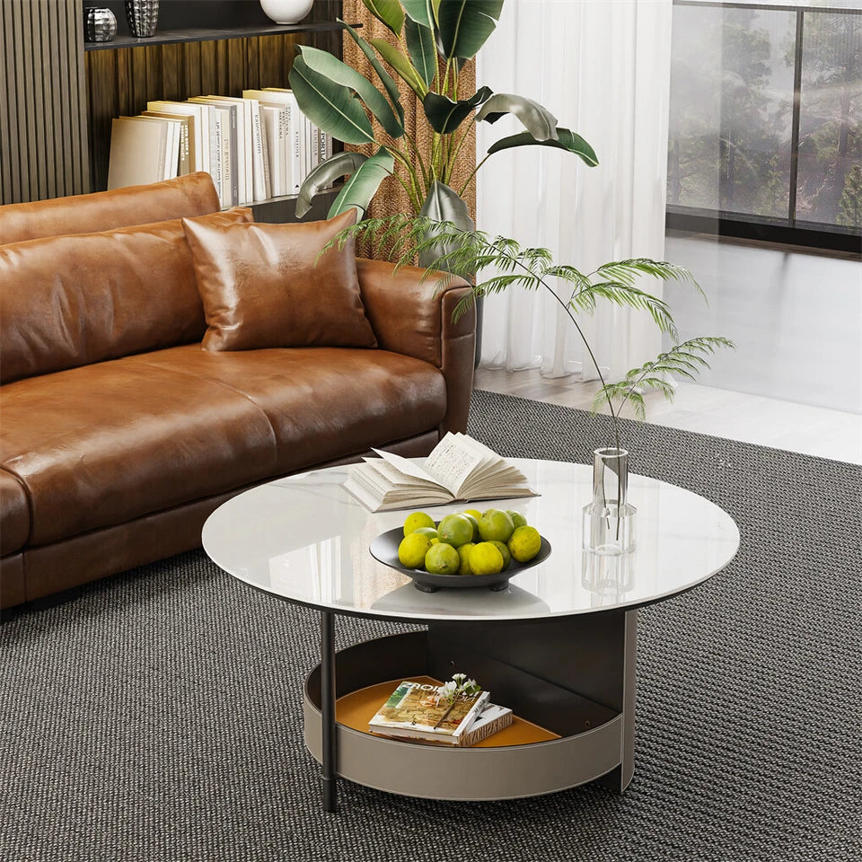 White & Grey Round Sintered Stone Coffee Table with Leather Storage Shelf
