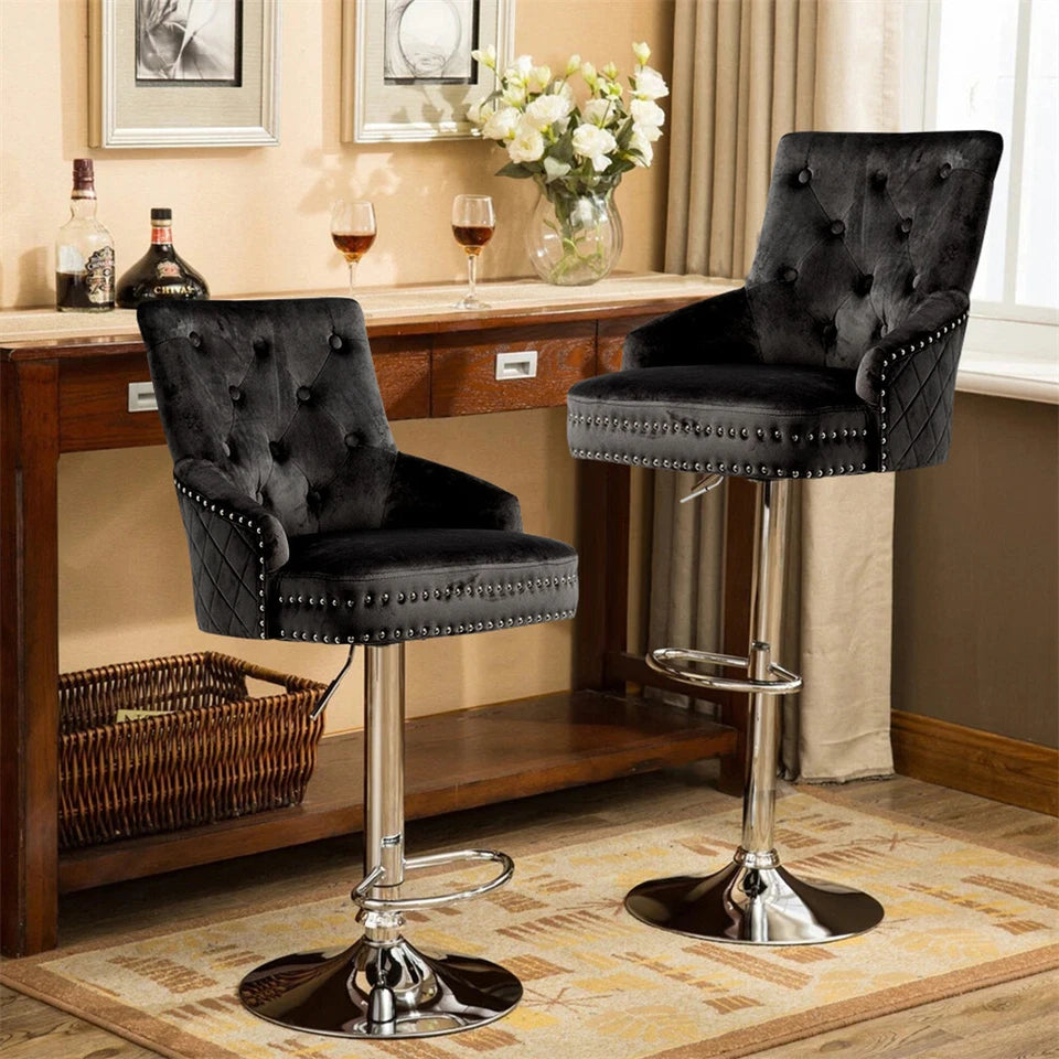 Black Velvet 360° Swivel Bar Stool With Lion Head Detail And Adjustable Height