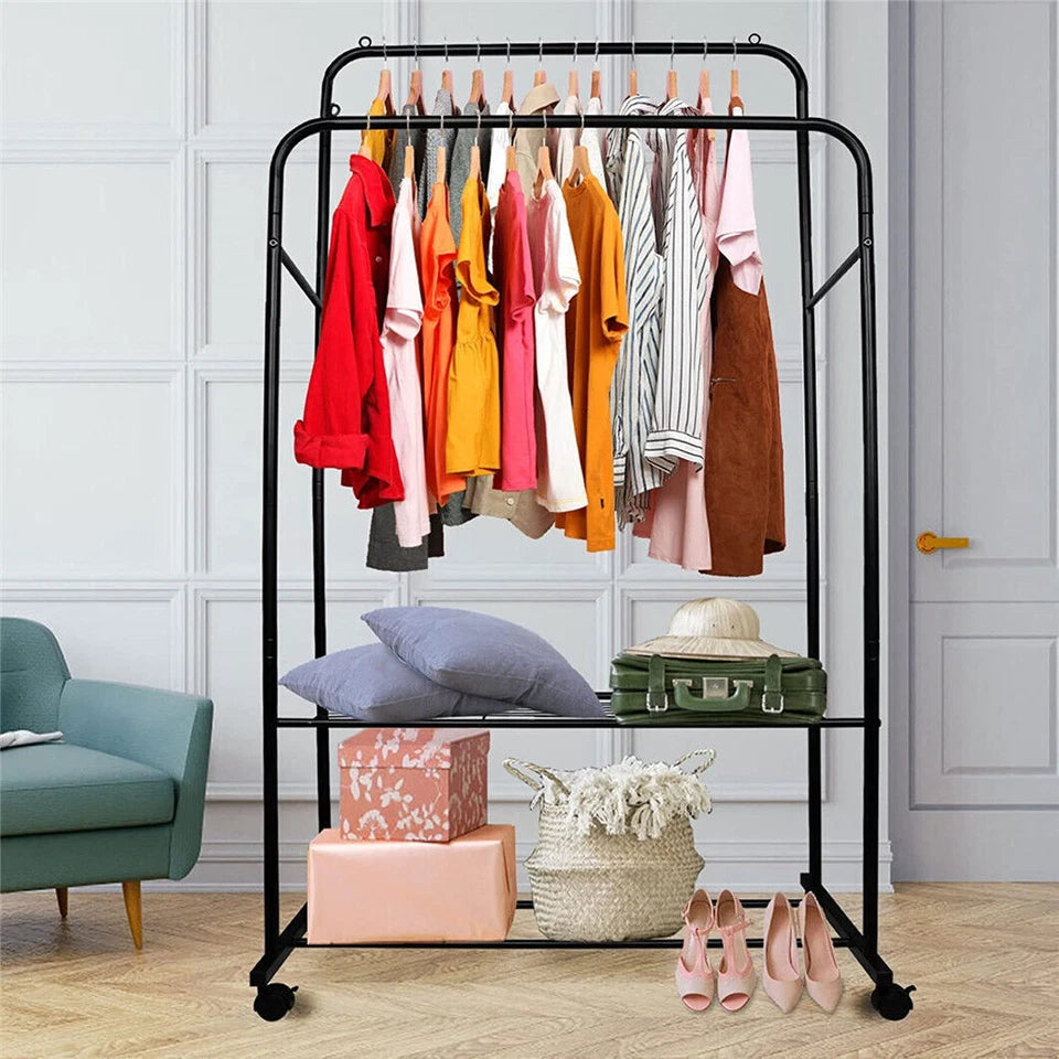 Black Heavy Duty Garment Display Rack with Hanging Rail and Shoe Shelf