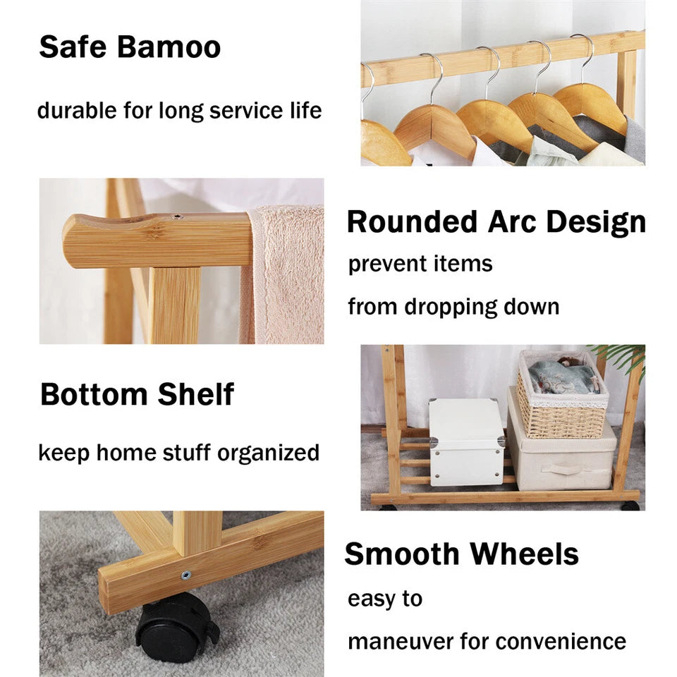 Heavy Duty Bamboo Garment Rack Freestanding Rolling Clothes Trousers Scarf Rack