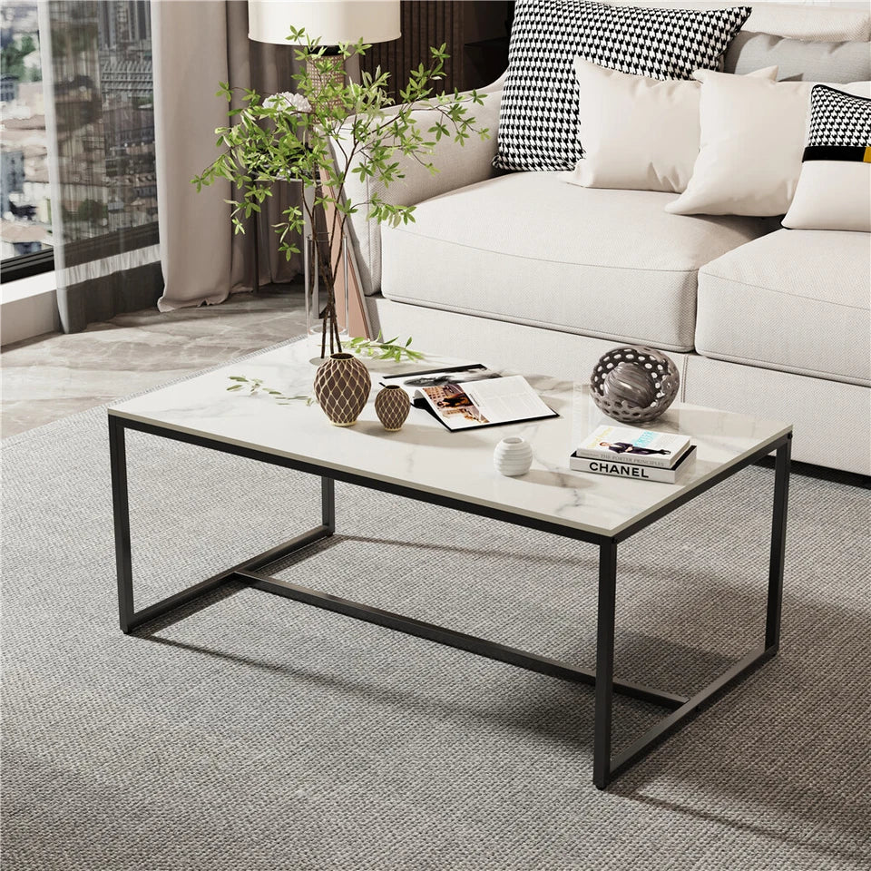 White Sintered Stone Rectangular Coffee Table with Minimalist Metal Frame