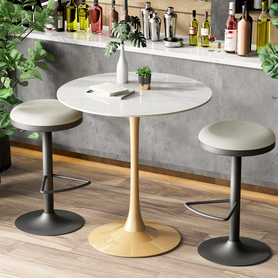 White Round Sintered Stone Bar Table With Gold Pedestal Base For Modern Interiors