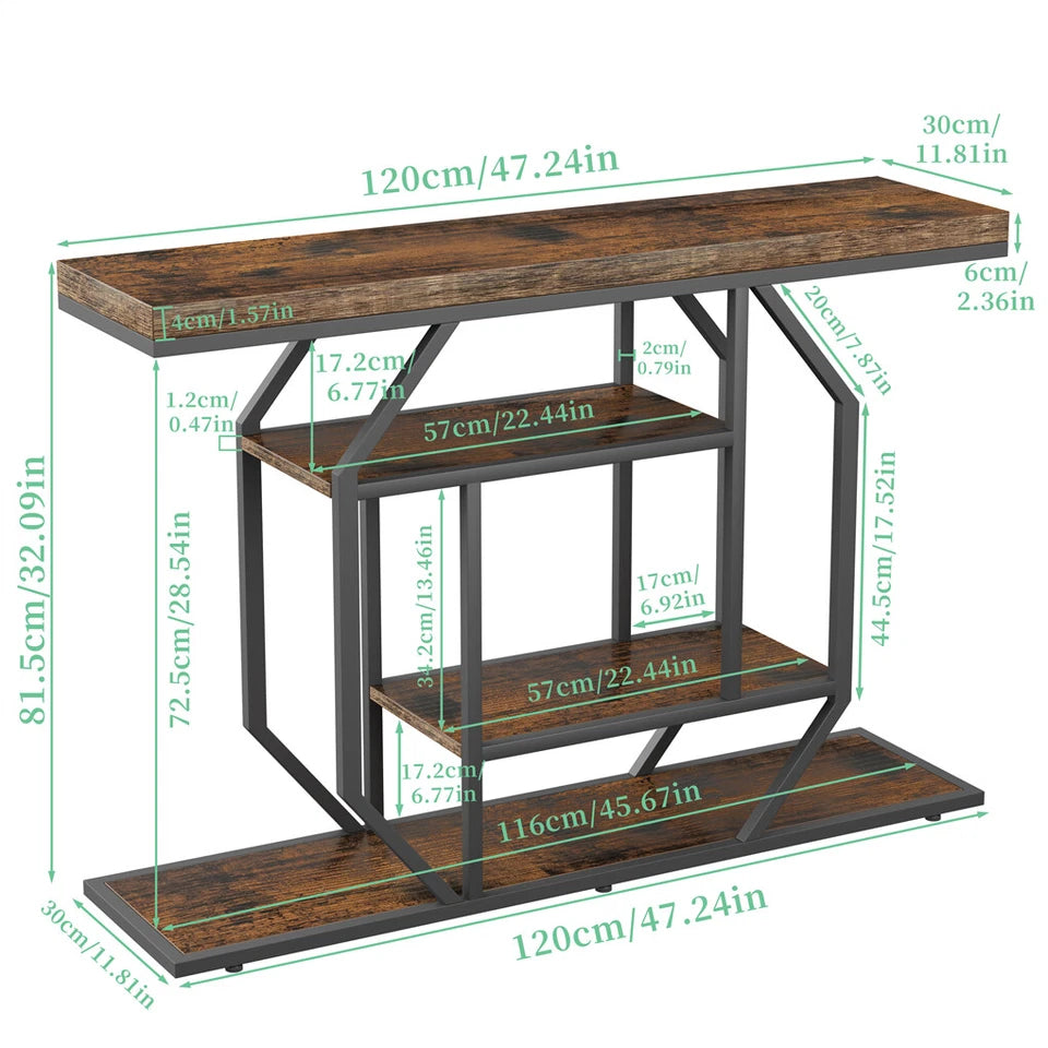 Black And Brown Entry Table With Industrial Design And Rustic Charm