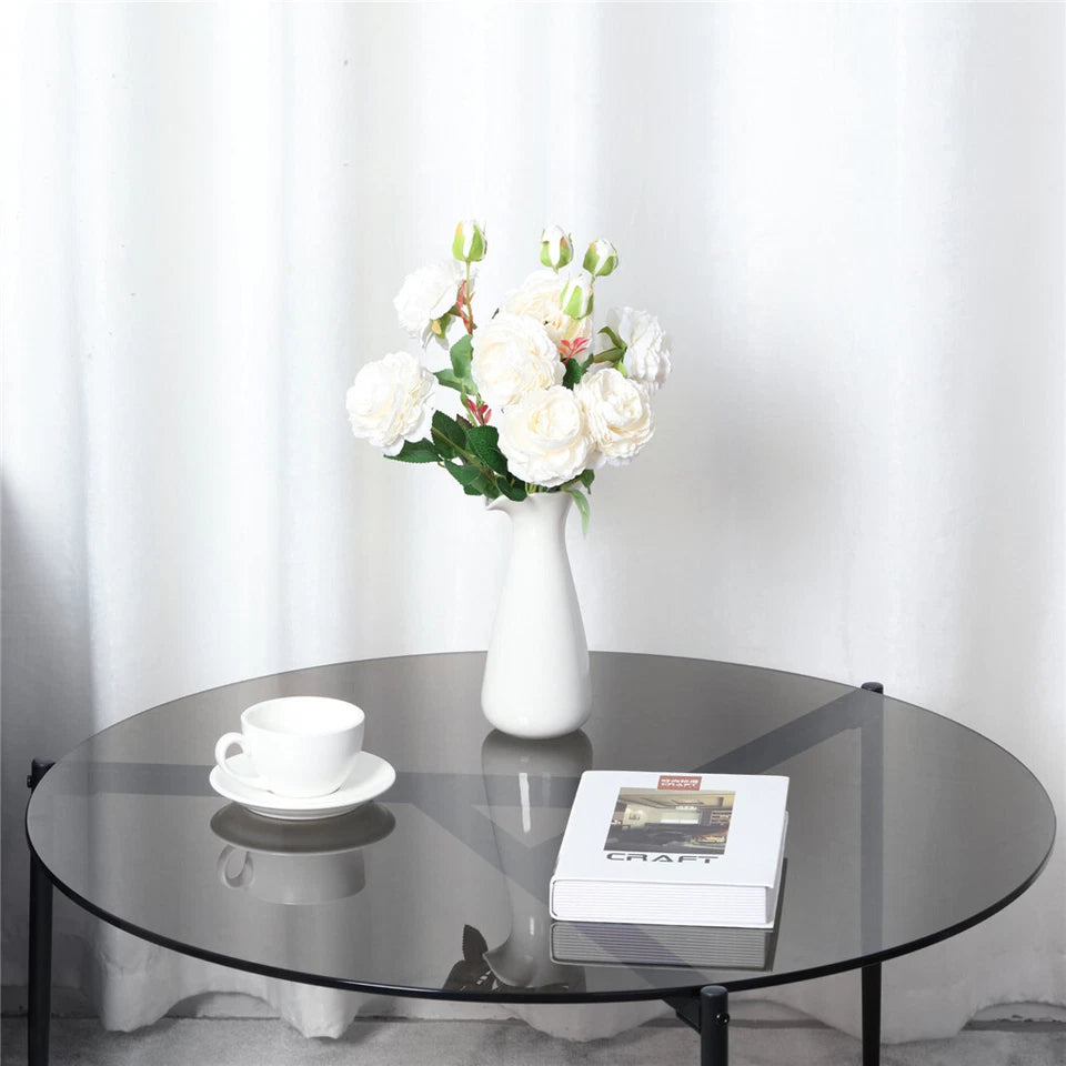 Blue Tinted Round Tempered Glass Coffee Table with Sturdy Metal Base