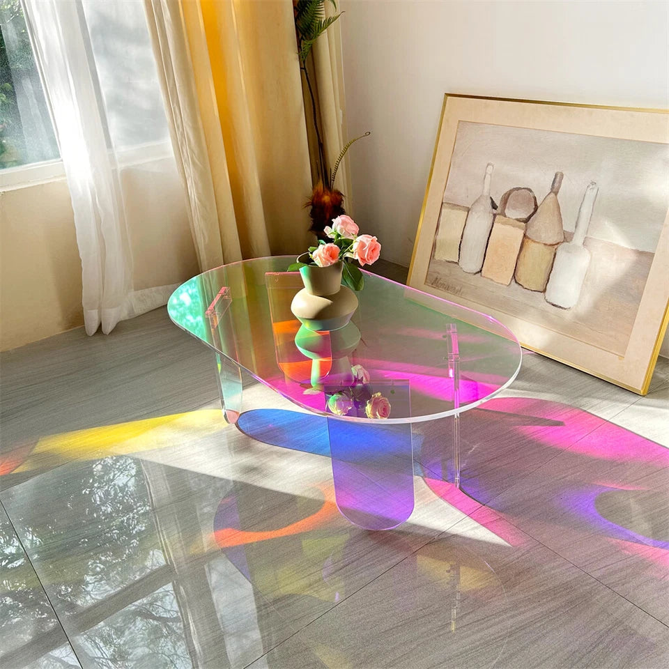 Iridescent Acrylic Coffee Table with Oval Design & Modern Rainbow Finish