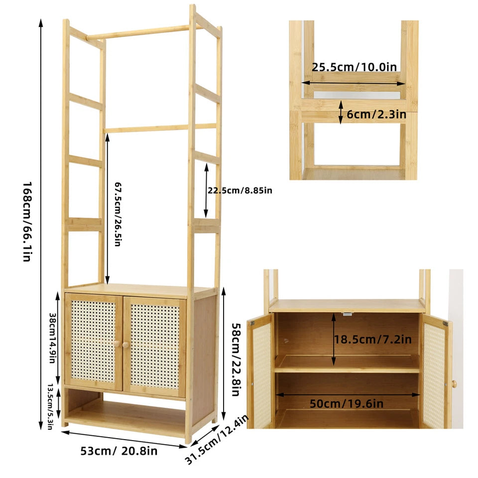 Natural Wood Modern Bamboo Clothes Rack with Storage Cabinet & Hooks