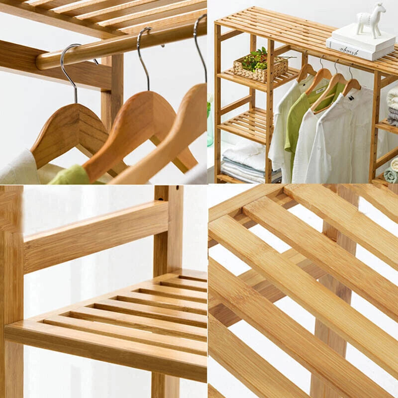 6 Tier Dustproof Bamboo Garment Clothes Rack Storage Shelves Closet Stand 4 Grid