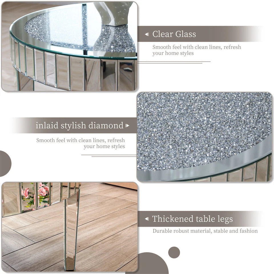 Silver Round Mirrored Coffee Table with Crushed Diamond Inlay Design
