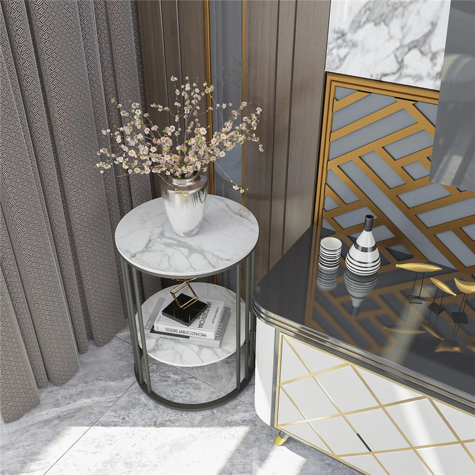 Heavy Duty Marble Side End Table Coffee Table Flower Tray Open Shelf Nightstand