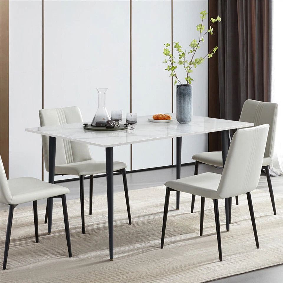 White Stone Dining Table With Black Frame For Stylish Contemporary Rooms