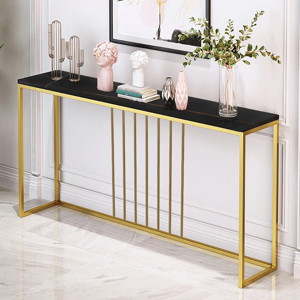 Black 100cm Marble Console Table With Gold Base For Entryway Or Living Room