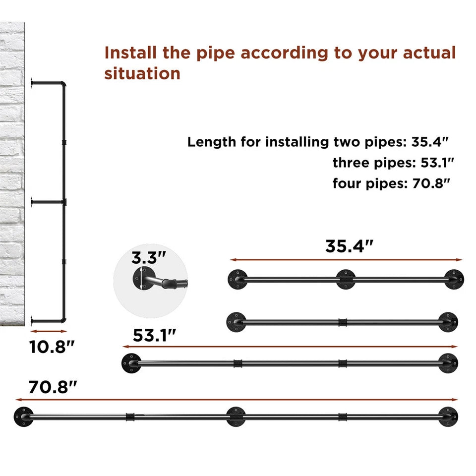 Super Long Garment Rail Industrial Vintage Pipe Clothes Rack Wall Floating Shelf