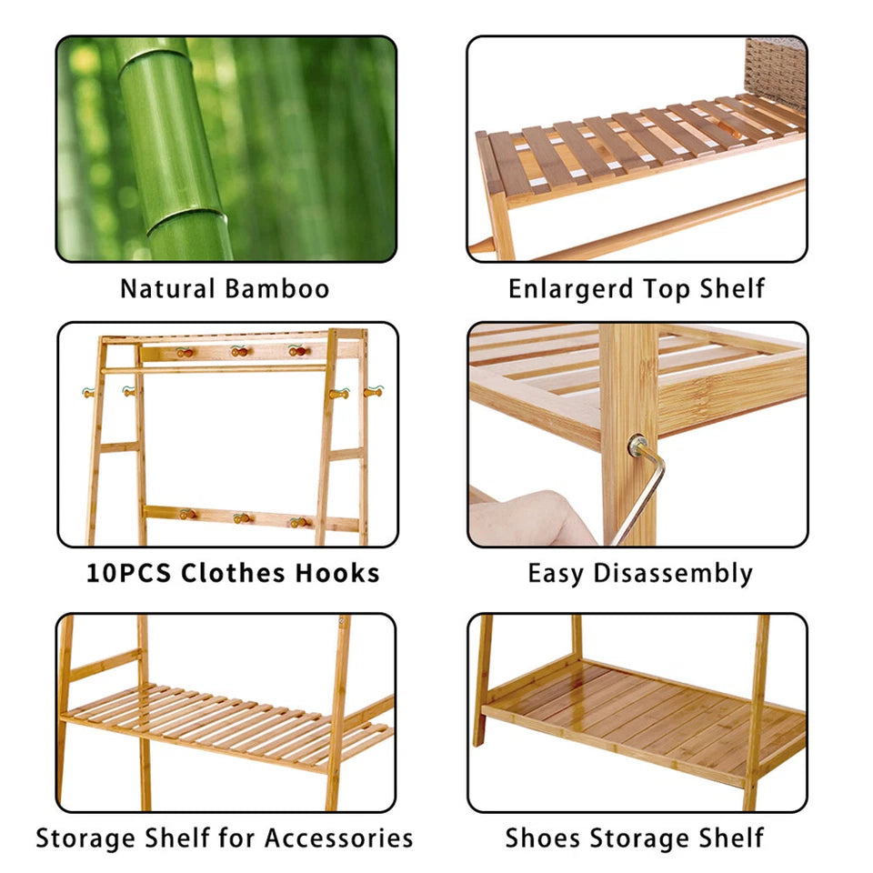 Rail Bamboo Clothes Rack Garment Hanging Stand 3 Tier Storage Shelves Closet