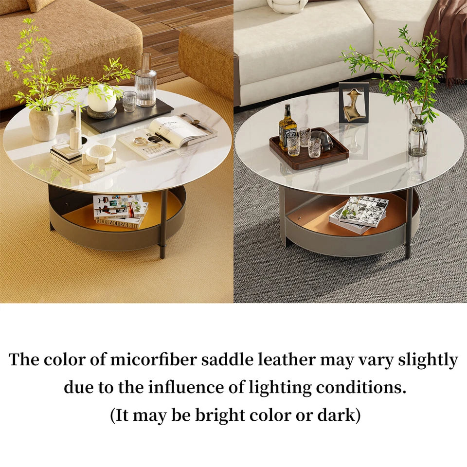 White & Grey Round Sintered Stone Coffee Table with Leather Storage Shelf