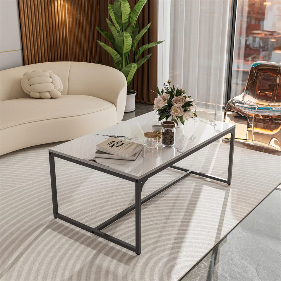 White & Black Rectangular Sintered Stone Coffee Table with Sleek Frame