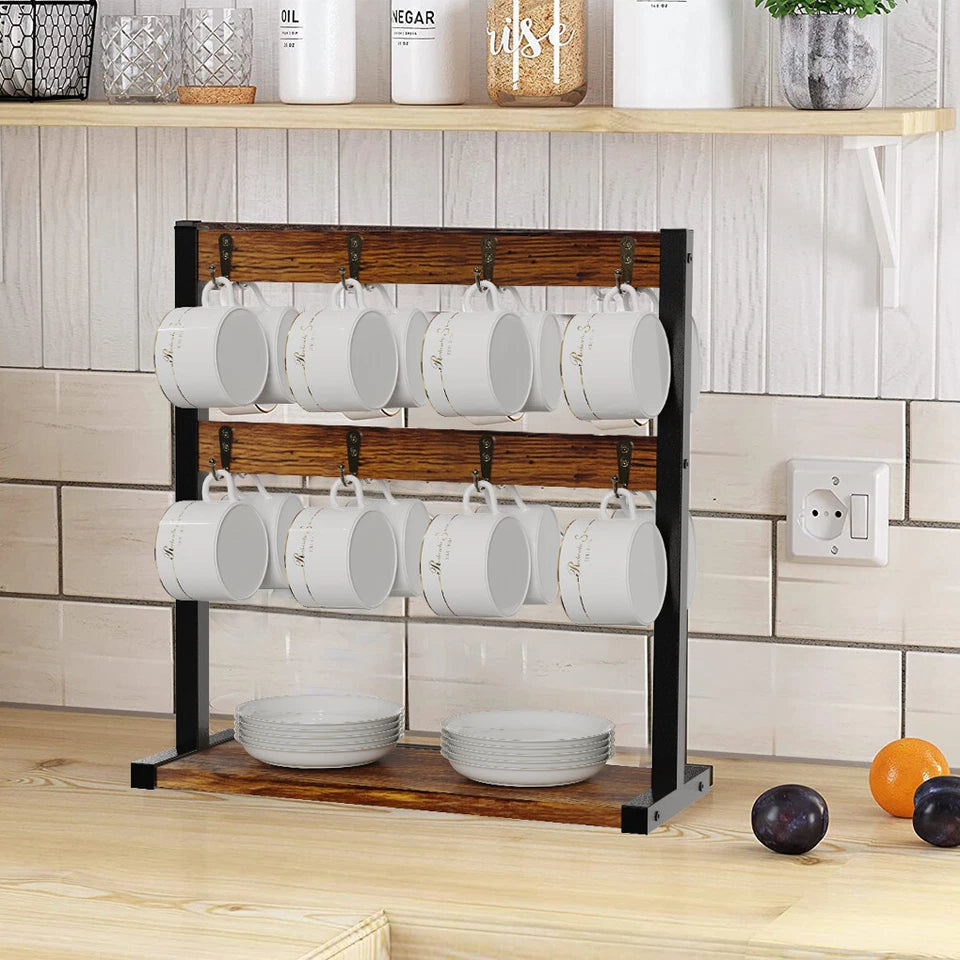 Heavy Duty Wall Mount Coffee Teacup Mug Rack Wood 12 Hook Holder Display Storage