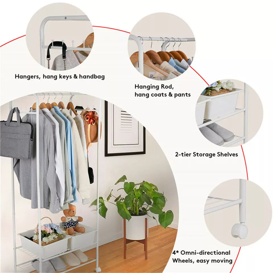 2 Tier Rolling Metal Garment Stand With 2 Side Hooks