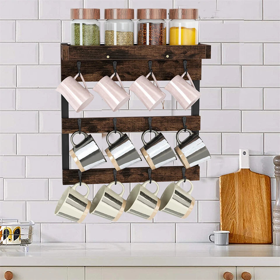 Wall Mounted Shelf Mug Cup Cupboard Kitchen Organiser Hooks Hanging Rack Holder