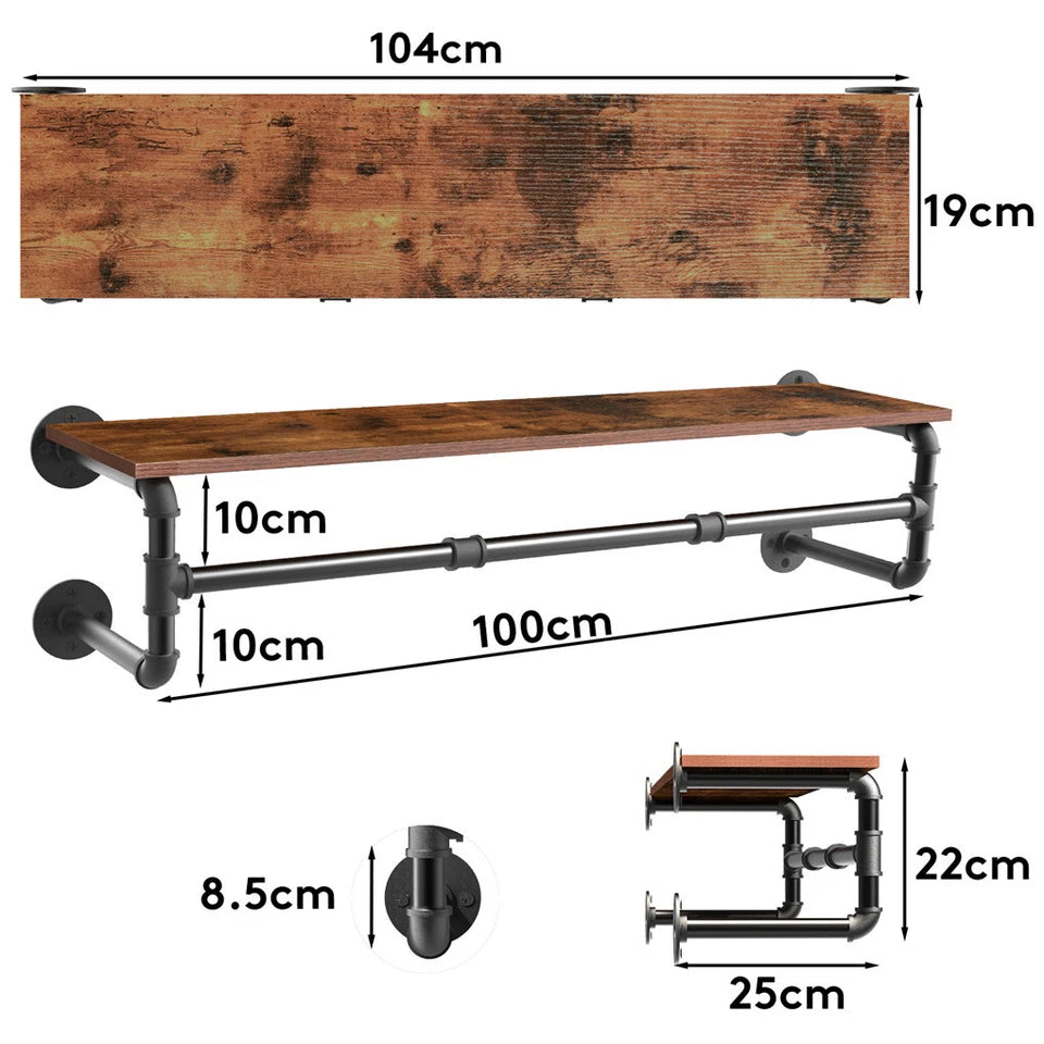 104cm Pipe Clothes Rail Wall Mounted Garment Hanging Rack Wardrobe With Shelf