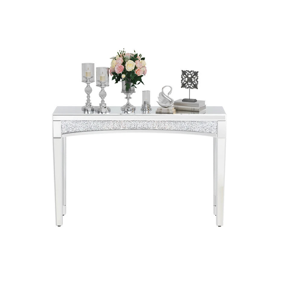 Silver Crushed Diamond Console Table With Mirror Finish And Glass Legs