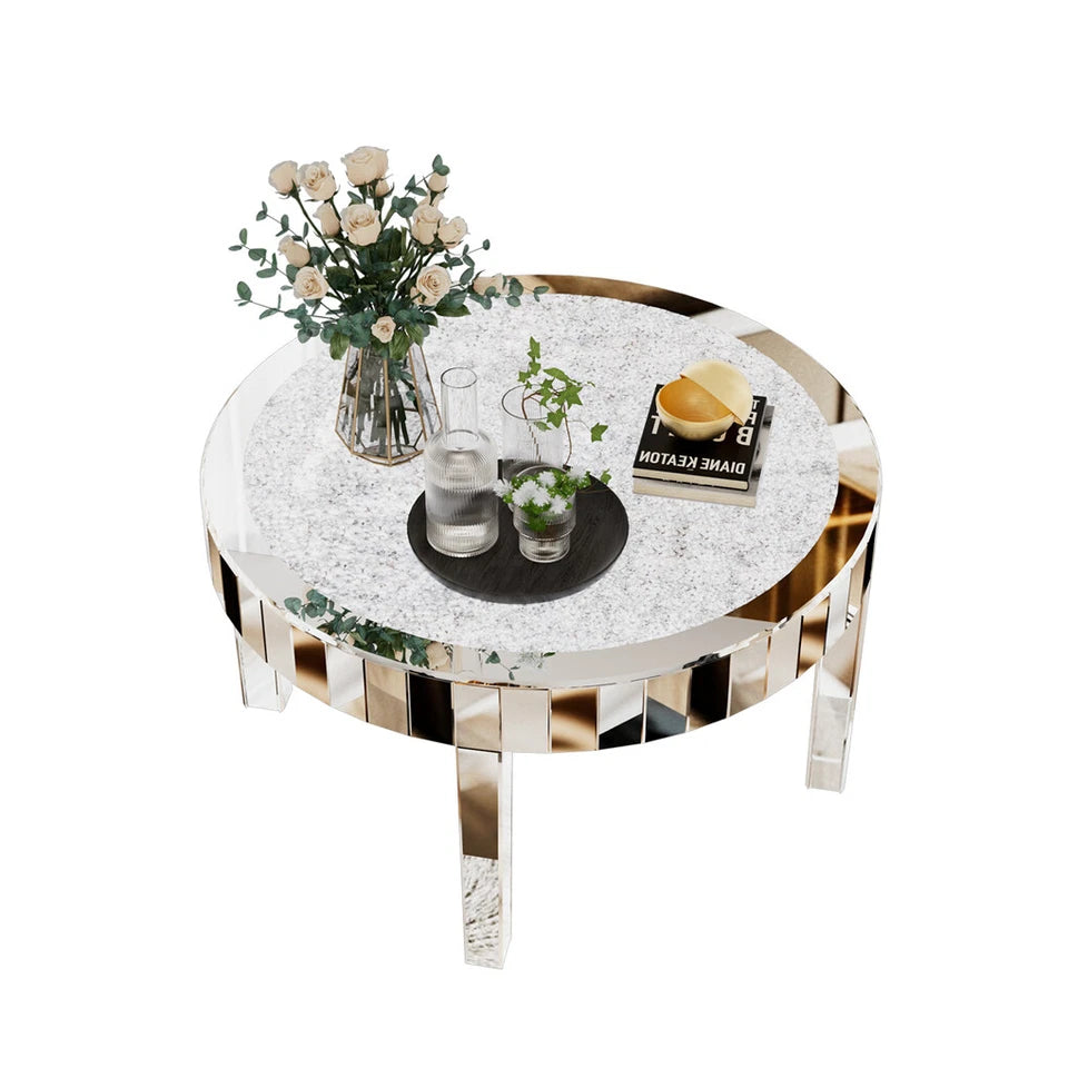 Silver Round Mirrored Coffee Table with Crushed Diamond Inlay Design