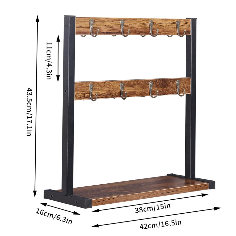 Heavy Duty Wall Mount Coffee Teacup Mug Rack Wood 12 Hook Holder Display Storage