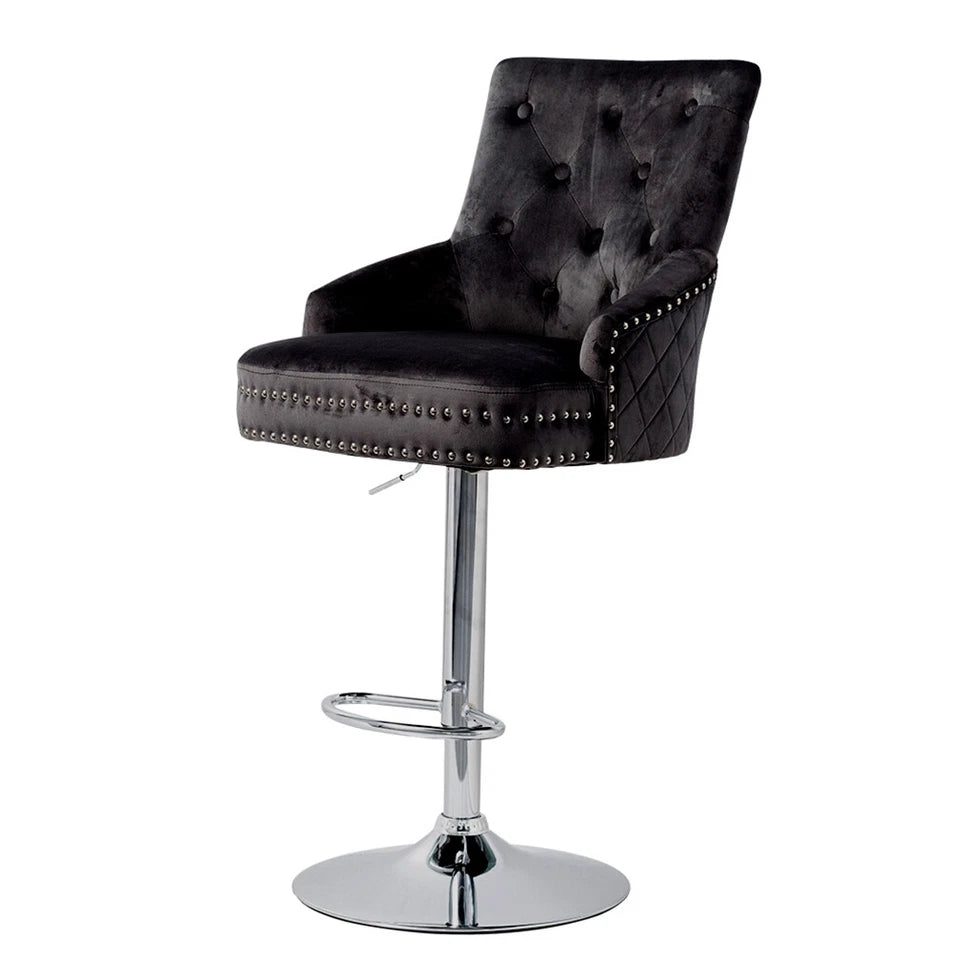 Black Velvet 360° Swivel Bar Stool With Lion Head Detail And Adjustable Height