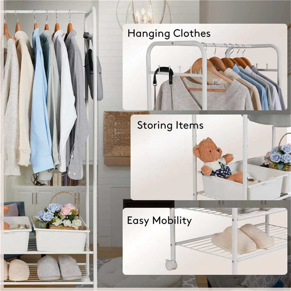 2 Tier Rolling Metal Garment Stand With 2 Side Hooks