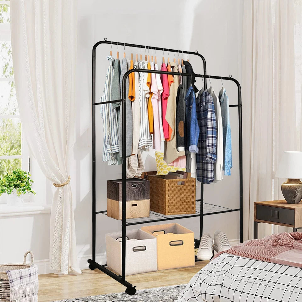 Black Heavy Duty Garment Display Rack with Hanging Rail and Shoe Shelf