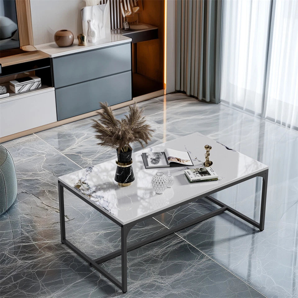 White & Black Rectangular Sintered Stone Coffee Table with Sleek Frame