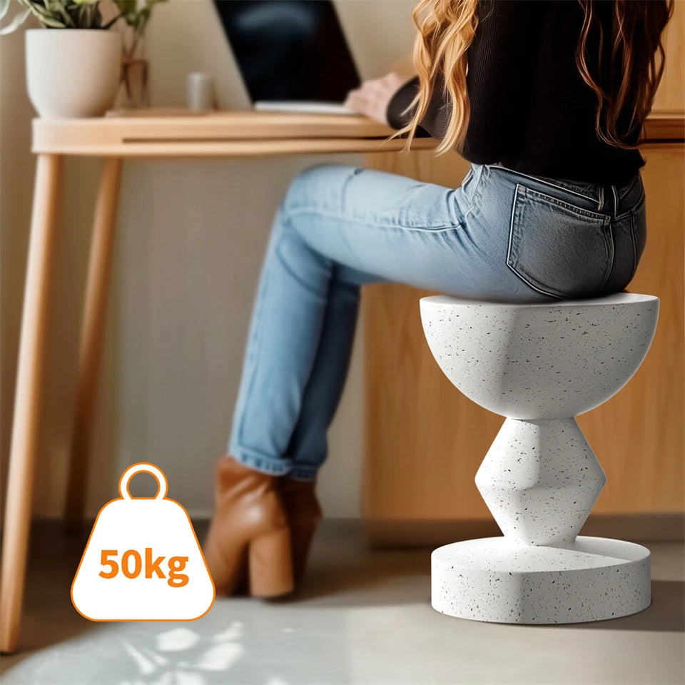 White Concrete Side Table With Sculpted Design For Indoor Or Patio Use