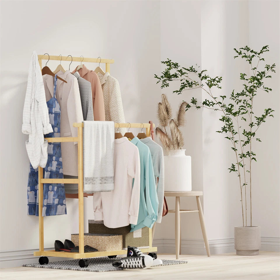 Heavy Duty Bamboo Garment Rack Freestanding Rolling Clothes Trousers Scarf Rack