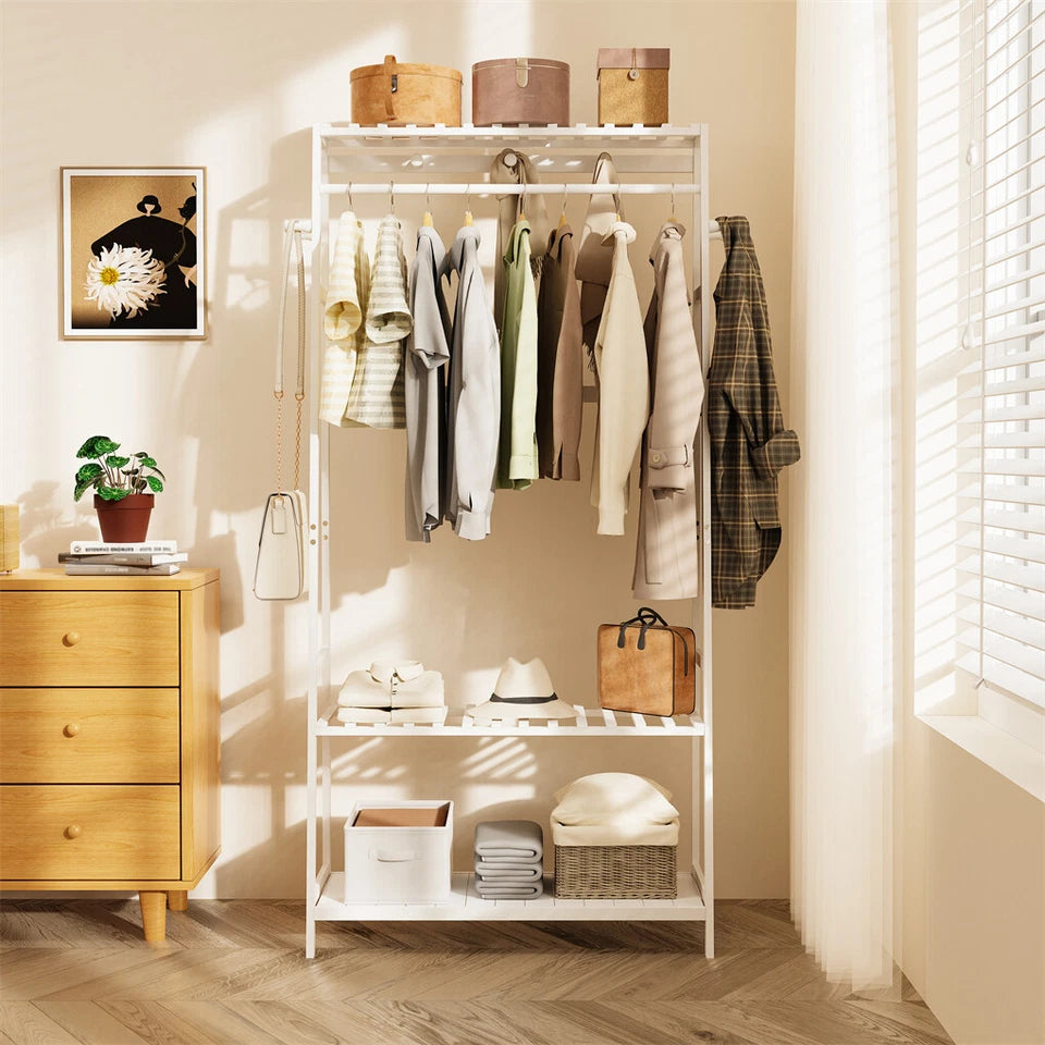 P&P White Bamboo Clothes Rack with 3 Shelves and 10 Hooks