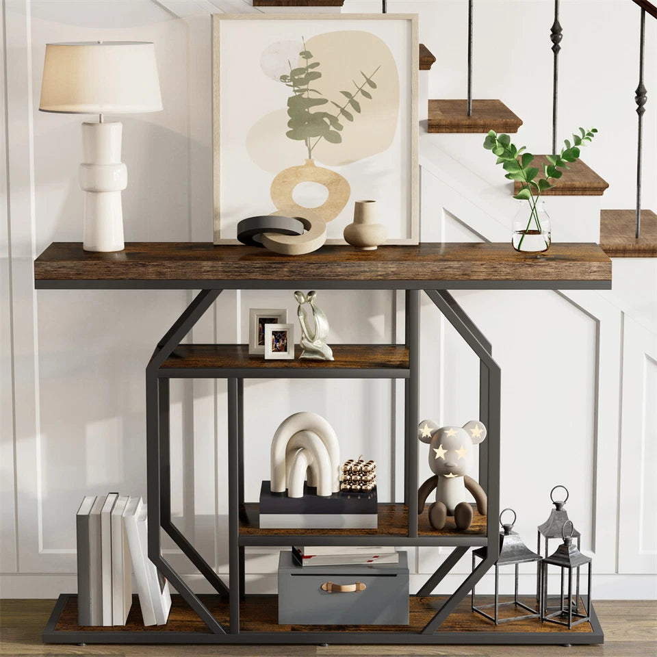 Black And Brown Entry Table With Industrial Design And Rustic Charm